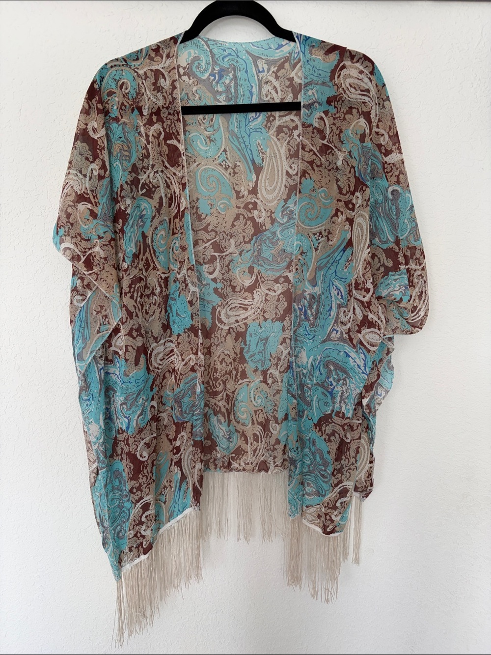 Turquoise & Brown Paisley Fringe Kimono Wrap